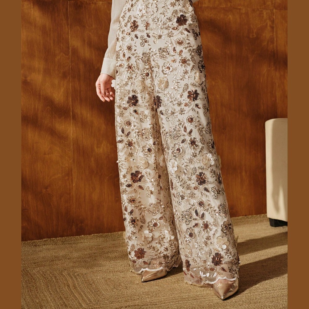 Cream Gold Sequin Floral Embellished Wide-Leg Pants
